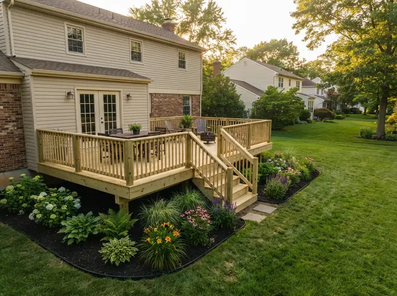 Landscaping around a custom wood deck