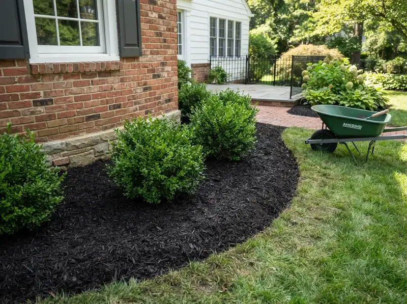 Fresh dark mulch bed installation